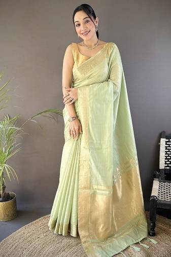 pista color cotton checks zari border work saree