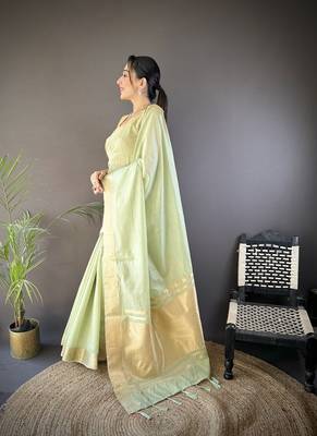 pista color cotton checks zari border work saree 2