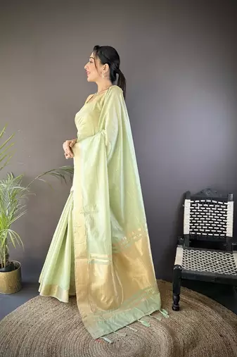 pista color cotton checks zari border work saree