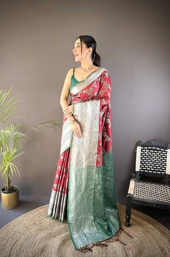 red color banarasi soft art silk zari woven work saree