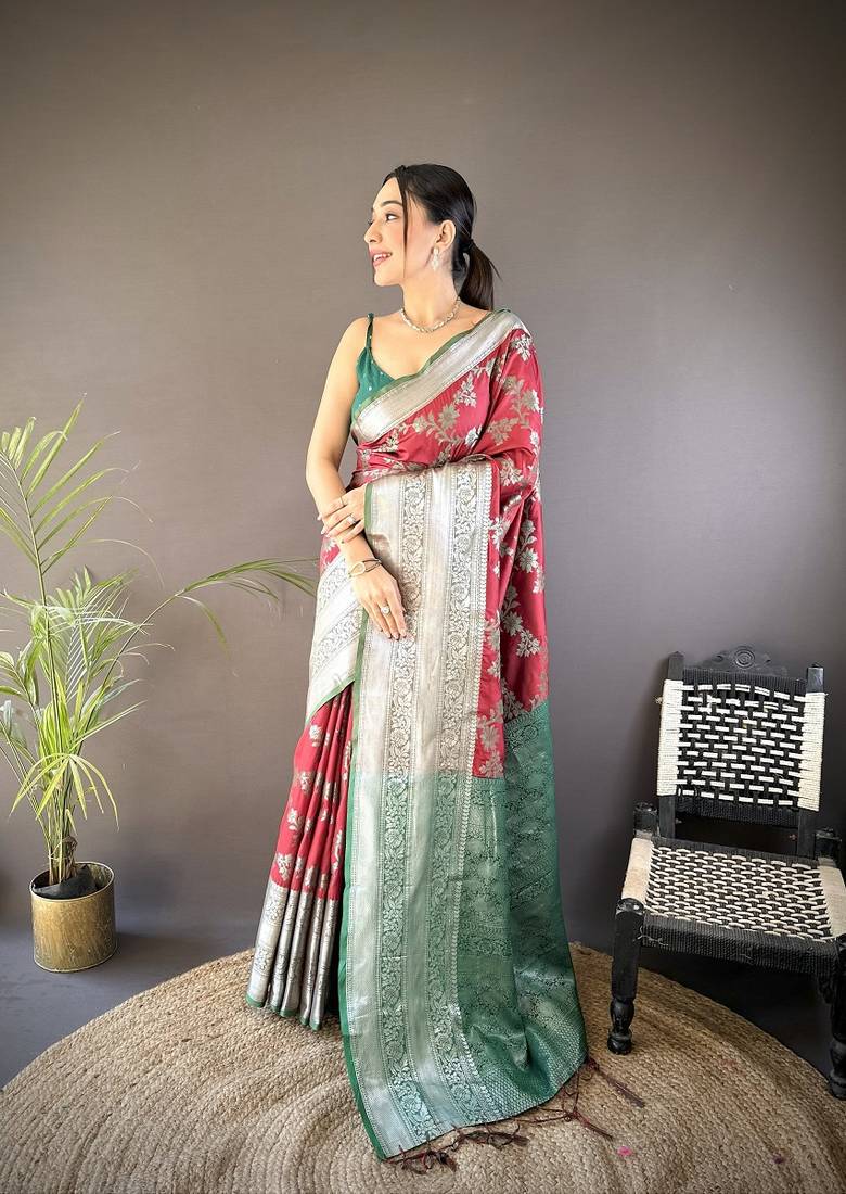 red color banarasi soft art silk zari woven work saree