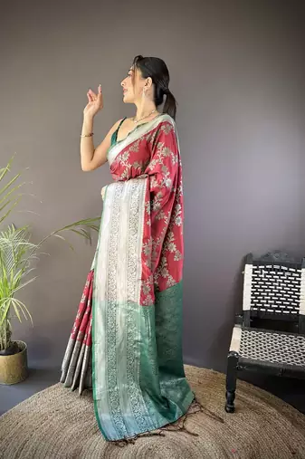 red color banarasi soft art silk blend zari woven work saree