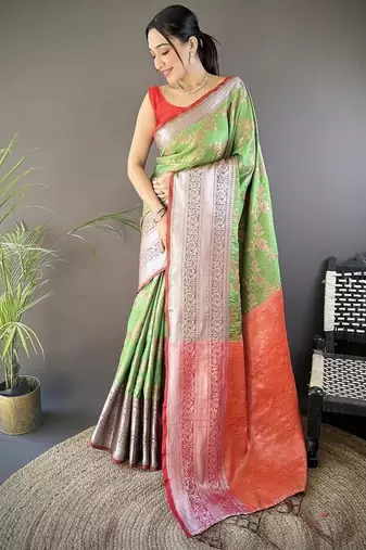parrot green color banarasi soft art silk zari woven work saree