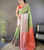 parrot green color banarasi soft art silk zari woven work saree