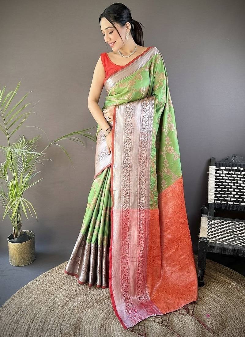 parrot green color banarasi soft art silk zari woven work saree