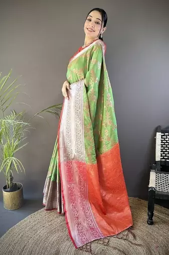parrot green color banarasi soft art silk blend zari woven work saree