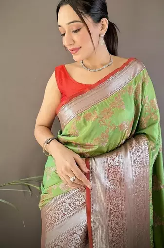 parrot green color banarasi soft art silk blend zari woven work saree