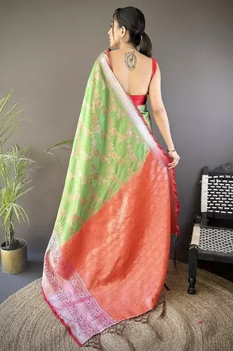 parrot green color banarasi soft art silk blend zari woven work saree