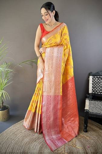 yellow color banarasi soft art silk zari woven work saree