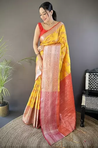 yellow color banarasi soft art silk zari woven work saree