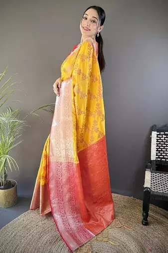 yellow color banarasi soft art silk blend zari woven work saree