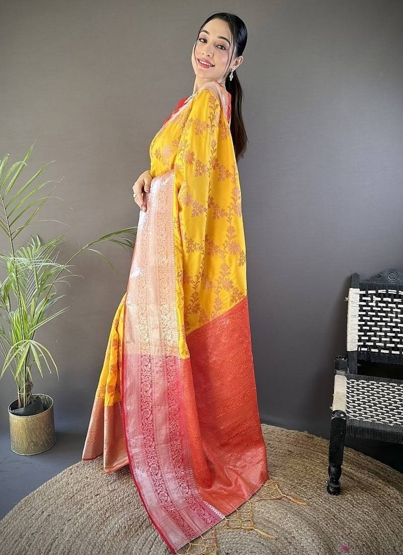 yellow color banarasi soft art silk zari woven work saree