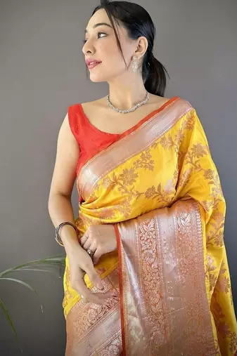 yellow color banarasi soft art silk blend zari woven work saree