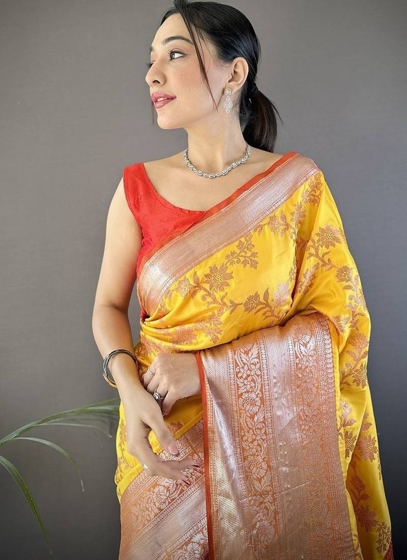 yellow color banarasi soft art silk zari woven work saree