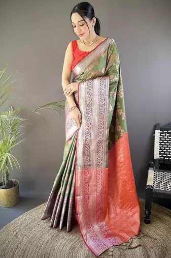 green color banarasi soft art silk zari woven work saree