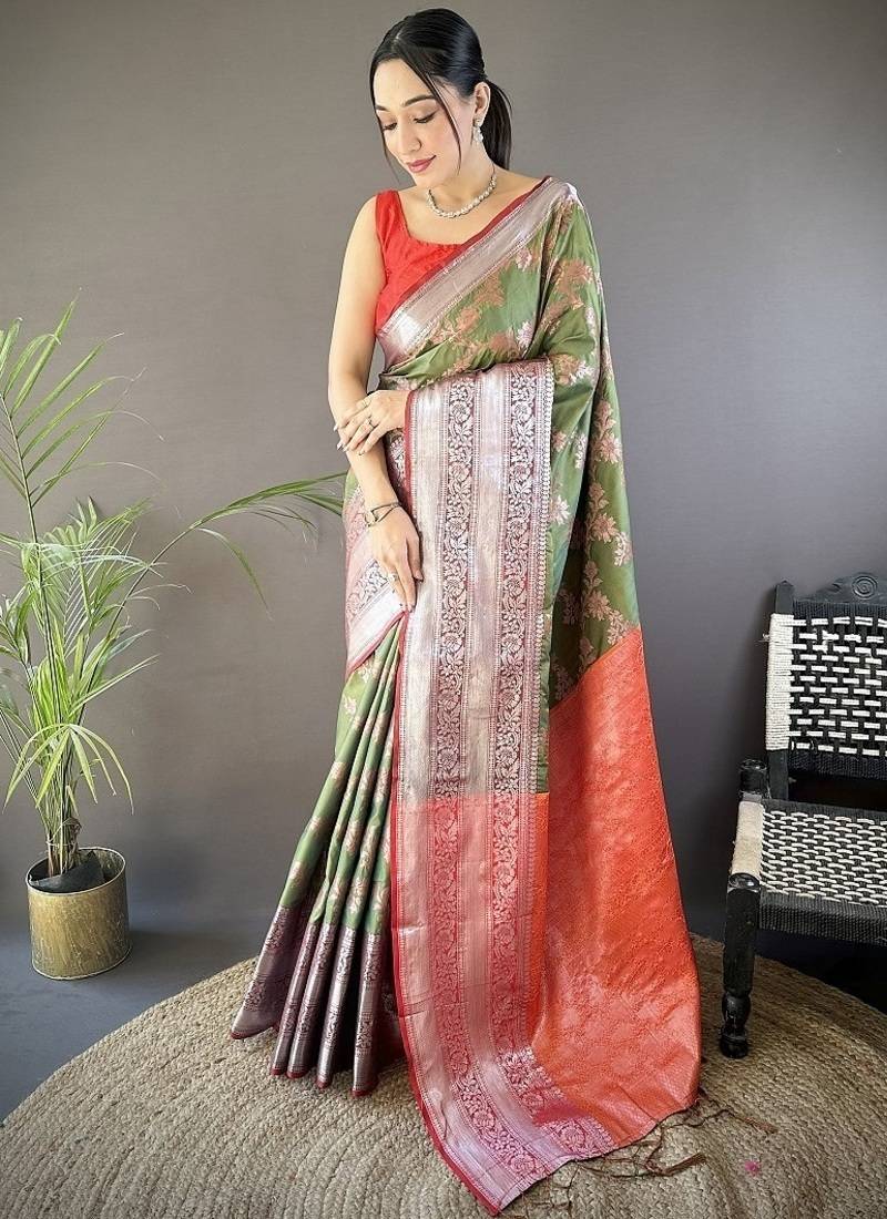 green color banarasi soft art silk zari woven work saree