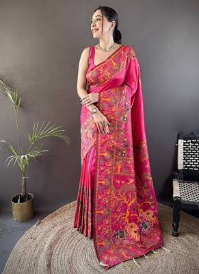 pink pashmina kashmiri meenakari zari weaving work saree 1