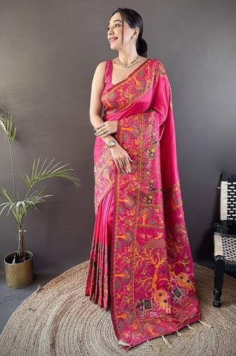 pink color pashmina kashmiri meenakari zari weaving work saree