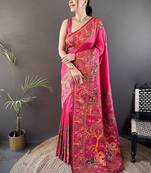 pink color pashmina kashmiri meenakari zari weaving work saree