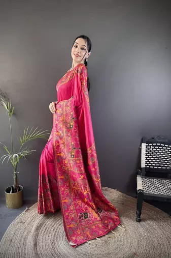 pink color pashmina kashmiri meenakari zari weaving work saree