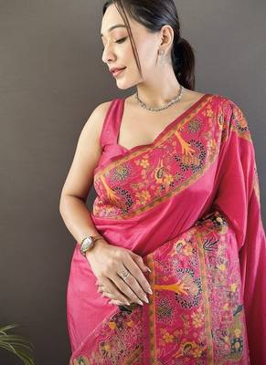 pink pashmina kashmiri meenakari zari weaving work saree 3