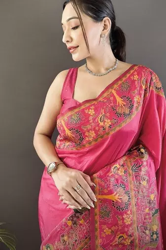 pink color pashmina kashmiri meenakari zari weaving work saree