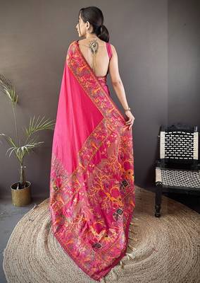 pink pashmina kashmiri meenakari zari weaving work saree 4