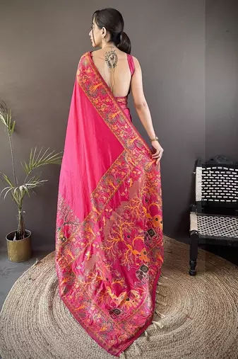 pink color pashmina kashmiri meenakari zari weaving work saree