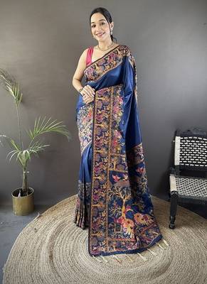 blue color pashmina kashmiri meenakari zari weaving work saree 1