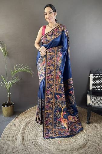 blue color pashmina kashmiri meenakari zari weaving work saree