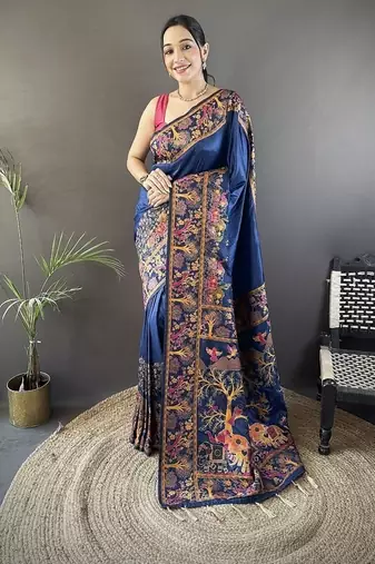 blue color pashmina kashmiri meenakari zari weaving work saree