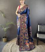 blue color pashmina kashmiri meenakari zari weaving work saree