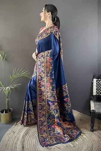 blue color pashmina kashmiri meenakari zari weaving work saree