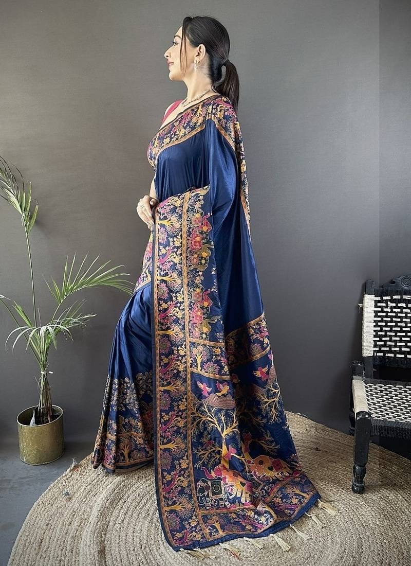 blue color pashmina kashmiri meenakari zari weaving work saree