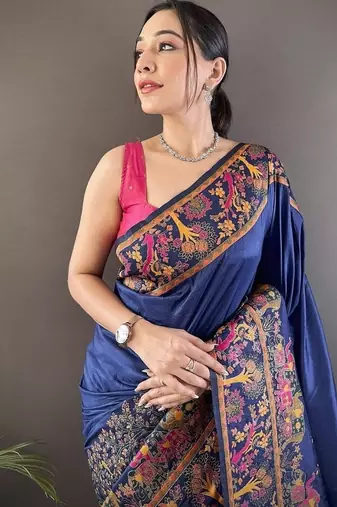 blue color pashmina kashmiri meenakari zari weaving work saree