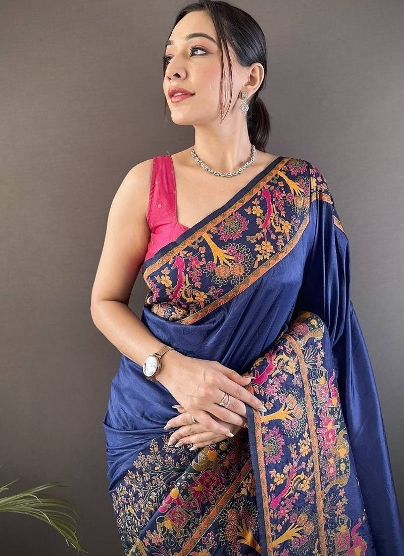 blue color pashmina kashmiri meenakari zari weaving work saree