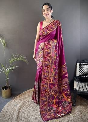 wine color pashmina kashmiri meenakari zari weaving work saree 1