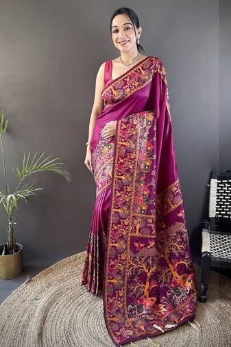 wine color pashmina kashmiri meenakari zari weaving work saree