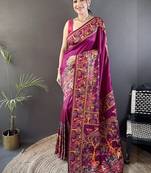 wine color pashmina kashmiri meenakari zari weaving work saree