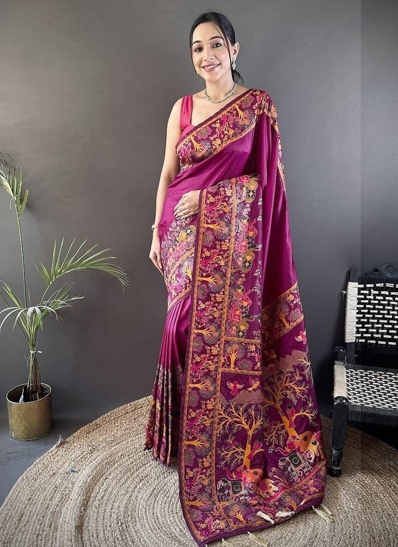 wine color pashmina kashmiri meenakari zari weaving work saree