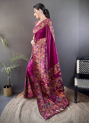 wine color pashmina kashmiri meenakari zari weaving work saree 2