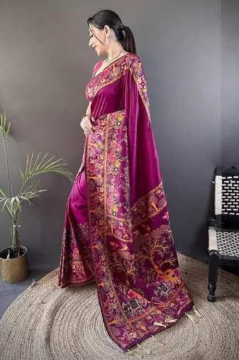 wine color pashmina kashmiri meenakari zari weaving work saree