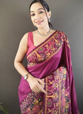 wine color pashmina kashmiri meenakari zari weaving work saree 3