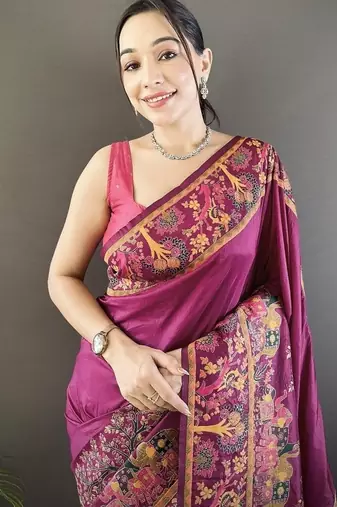 wine color pashmina kashmiri meenakari zari weaving work saree