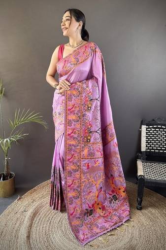 purple color pashmina kashmiri meenakari zari weaving work saree