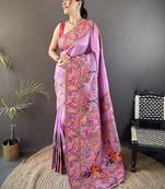 purple color pashmina kashmiri meenakari zari weaving work saree