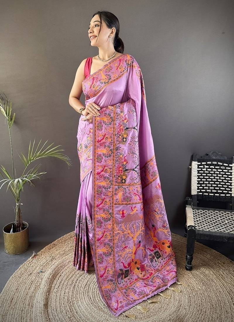 purple color pashmina kashmiri meenakari zari weaving work saree