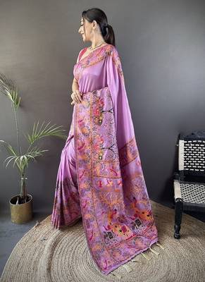 purple color pashmina kashmiri meenakari zari weaving work saree 2