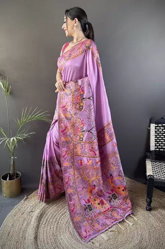 purple color pashmina kashmiri meenakari zari weaving work saree