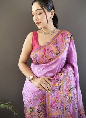 purple color pashmina kashmiri meenakari zari weaving work saree 3